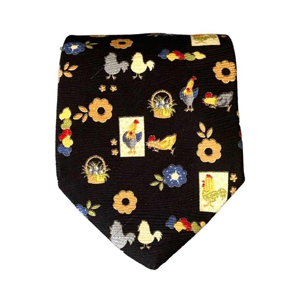 Dolce & Gabbana men’s designer silk tie chickens farm baskets harvest floral